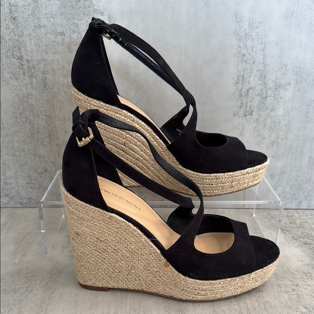 Saks Fifth Avenue Black Suede Wedge Sandals with espadrile Platform - Picture 7 of 7